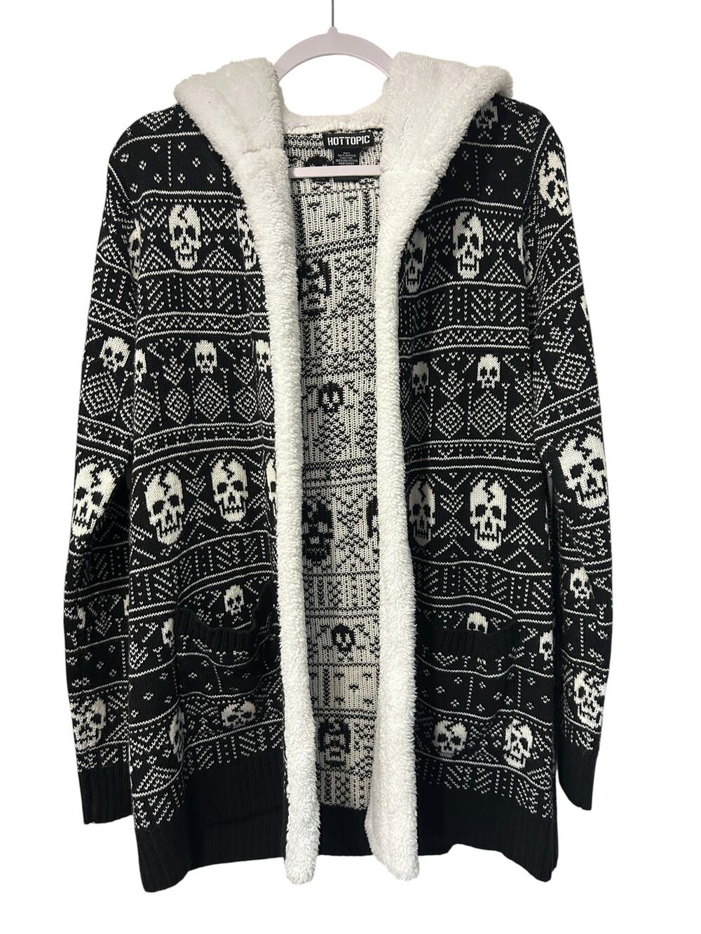 Hot Topic Skull Fair Isle Sherpa Hooded Open Cardigan Goth Punk Sweater M Edgy